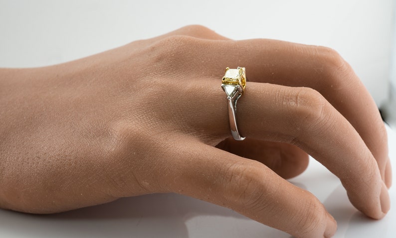 Fancy Yellow Diamond Ring, Vintage 18K White Gold Engagement Wedding Three Stone Ring.