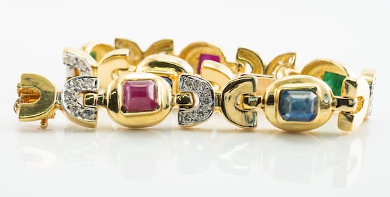 Ruby Sapphire Diamond & Emerald Bracelet, 18K Gold - image 1