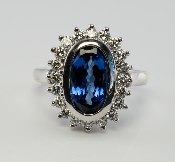 Blue Tanzanite Ring, Diamond Ring, 18K White Gold - image 1
