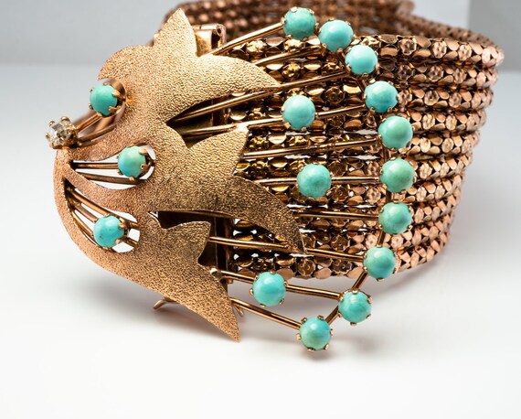 Turquoise Rose Gold Mesh, Cuff Diamond Bracelet - image 8