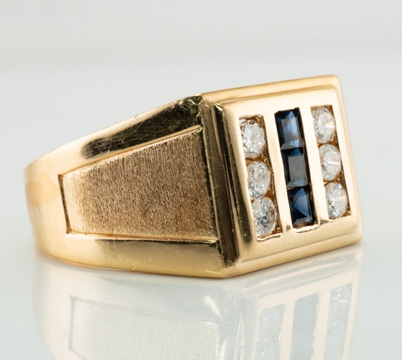 Mens Diamond Sapphire Ring, 14K Gold Band - image 4
