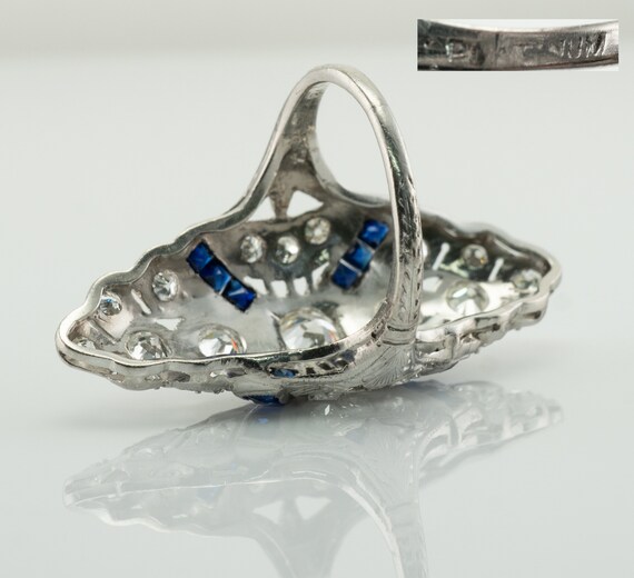 Edwardian Diamond Sapphire Ring, Antique Platinum… - image 3