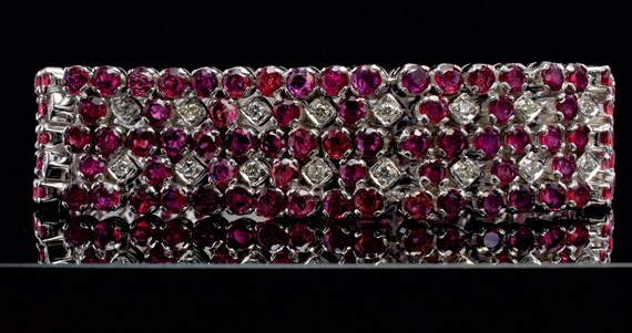 Diamond Ruby Bracelet, Vintage Estate 14K White G… - image 4