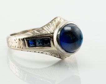 Art Deco Sapphire Ring, 14K Gold, Vintage 1930s