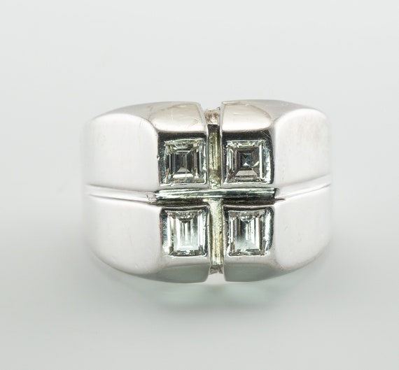 Mens Diamond Ring, Geometric 14K White Gold, Vint… - image 1