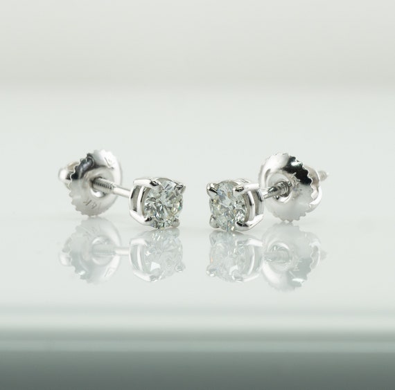 Round Diamond Earrings 14K White Gold Studs | Etsy