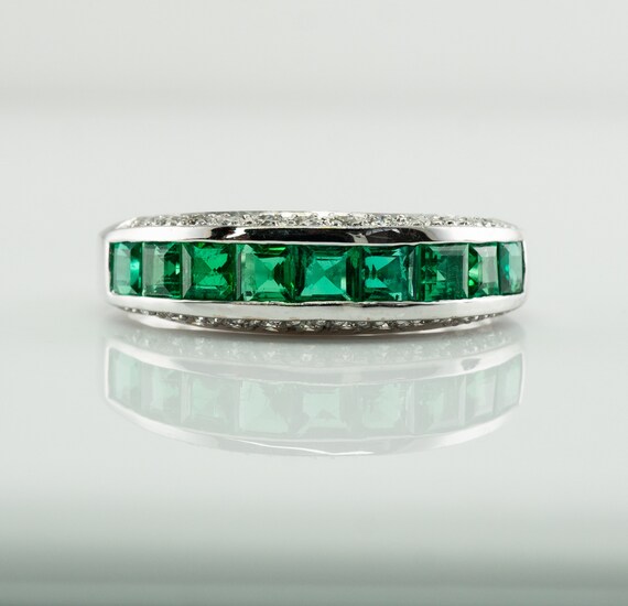 Emerald Ring, Diamond Ring, Estate 18K White Gold,