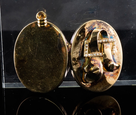 Art Nouveau Pendant Locket, Freshwater Pearls Gold - image 8