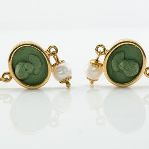 Green Cameo Pearl Earrings, 18K Gold & Lava, Angel Cherub image 7