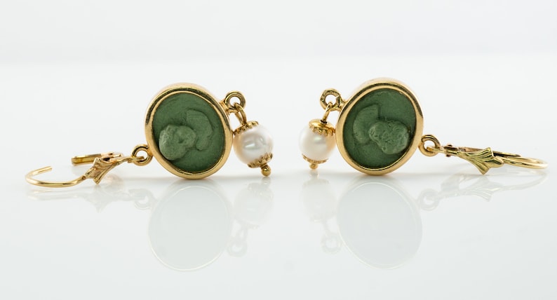 Green Cameo Pearl Earrings, 18K Gold & Lava, Angel Cherub image 7