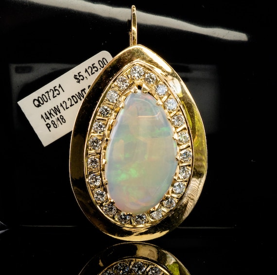 Diamond Australian Opal Teardrop Pendant, 14K Gol… - image 2