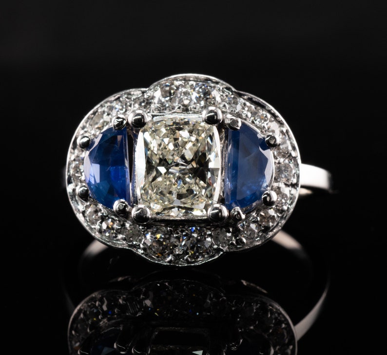 Diamond Blue Ceylon Sapphire Ring, VIntage Estate 14K Gold 1.58 TDW image 7