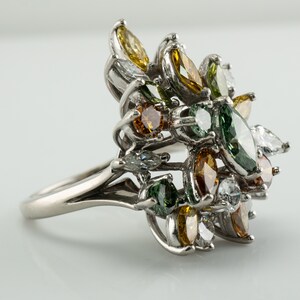 Multicolor Fancy Diamond Cluster Ring, Platinum Cocktail Statement Ring. This gorgeous ring is crafted in Platinum, set with  diamonds of various colors, Green, Orange, Olive & White diamonds.