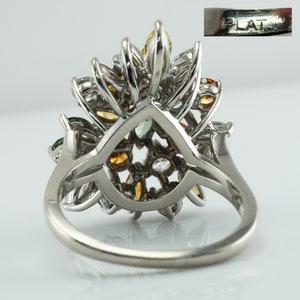 Multicolor Fancy Diamond Cluster Ring, Platinum Cocktail Statement Ring. This gorgeous ring is crafted in Platinum, set with  diamonds of various colors, Green, Orange, Olive & White diamonds.