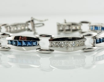 Diamond Sapphire Bracelet, Vintage Estate 14K White Gold