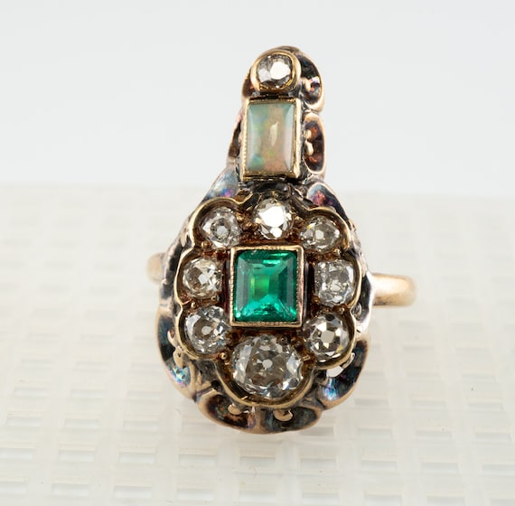 Natural Genuine Opal Diamond Emerald Ring, Antique - image 1