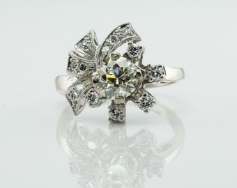 Anillo vintage de compromiso o boda con diamante talla europea antigua, oro blanco de 14 quilates, 1,92 quilates de peso total en oro.