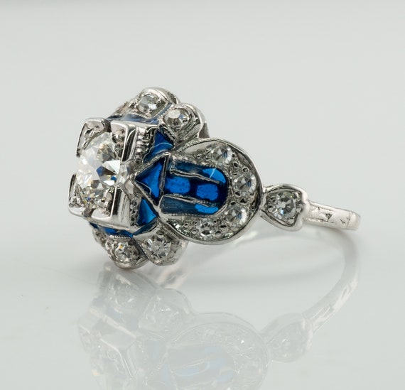 Art Deco Diamond Ring, Vintage Enamel 14K Gold St… - image 3