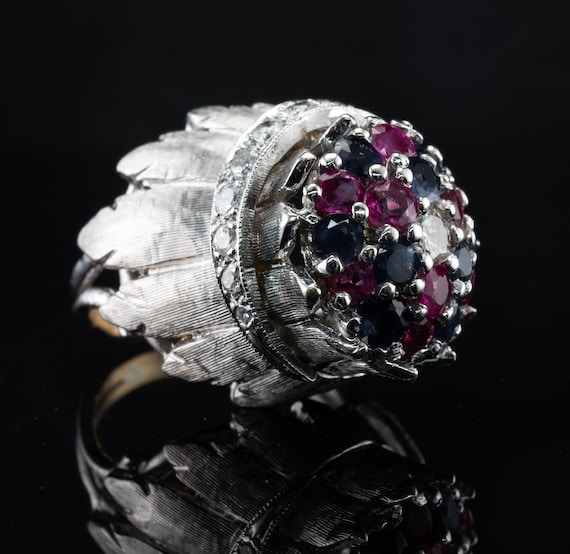 Diamond Ruby Sapphire Ring, Vintage 14K Gold Cock… - image 2