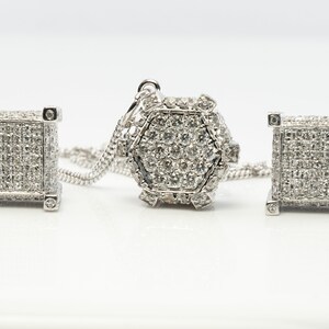 Natural Diamond Necklace Earrings Set, Vintage Geometric Cube 14K White Gold Necklace & Earrings.