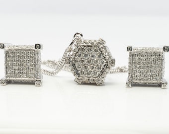 Diamond Necklace Earrings Set, 14K White Gold, Vintage Geometric