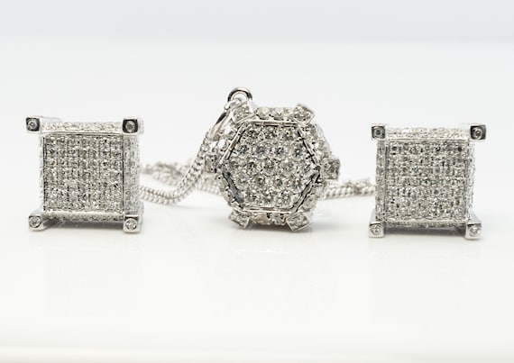 Diamond Necklace Earrings Set, 14K White Gold, Vintage Geometric