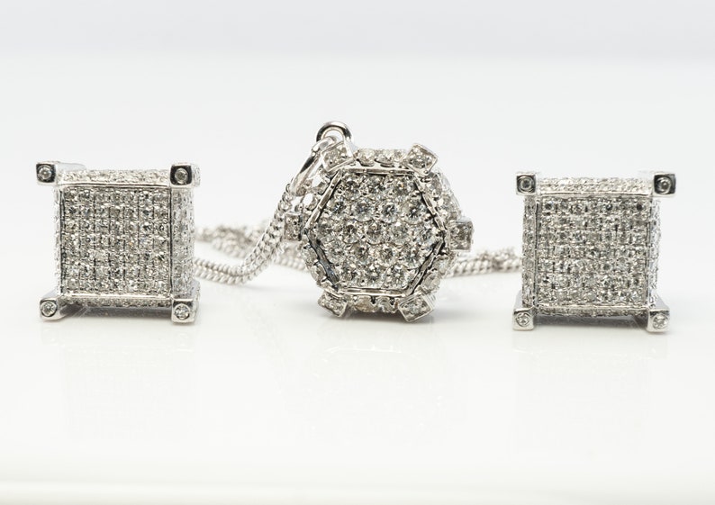 Natural Diamond Necklace Earrings Set, Vintage Geometric Cube 14K White Gold Necklace & Earrings.