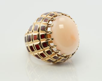 Pink Sea Coral Ring, Vintage 18K Yellow Gold, Enamel Dome Cocktail