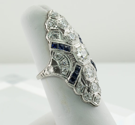 Edwardian Diamond Sapphire Ring, Antique Platinum… - image 8