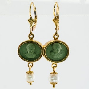 Green Cameo Pearl Earrings, 18K Gold & Lava, Angel Cherub image 1