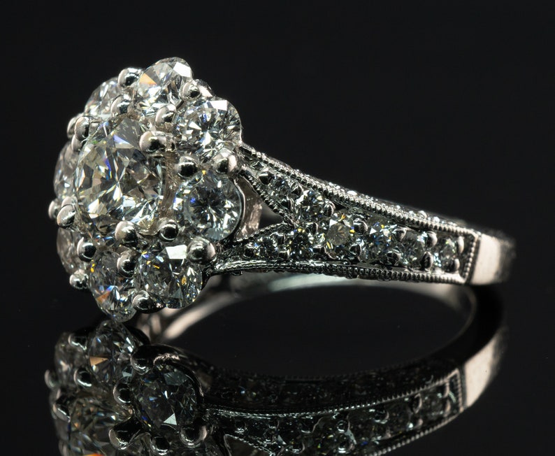 Diamond Halo Ring, Vintage 14K Gold Band Engagement Wedding 2.00 TDW - Etsy