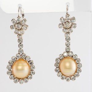 South Sea Pearl Earrings with Diamonds, Vintage 14K White Gold