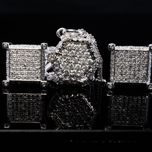 Natural Diamond Necklace Earrings Set, Vintage Geometric Cube 14K White Gold Necklace & Earrings.