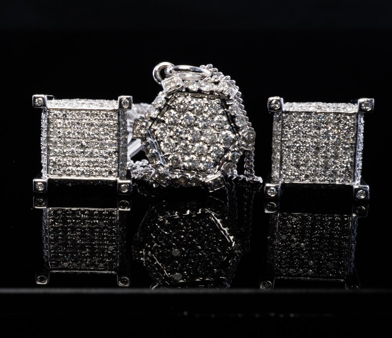 Natural Diamond Necklace Earrings Set, Vintage Geometric Cube 14K White Gold Necklace & Earrings.