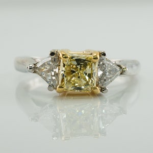 Fancy Yellow Diamond Ring, Vintage 18K White Gold Engagement Wedding Three Stone Ring.