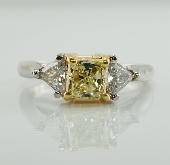 Fancy Yellow Diamond Ring, Trillion, Vintage Three stones 18K White Gold Engagement