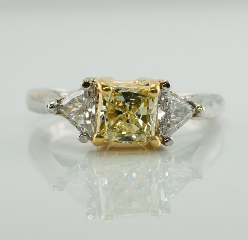 Fancy Yellow Diamond Ring, Vintage 18K White Gold Engagement Wedding Three Stone Ring.