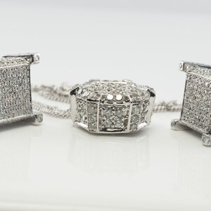 Natural Diamond Necklace Earrings Set, Vintage Geometric Cube 14K White Gold Necklace & Earrings.