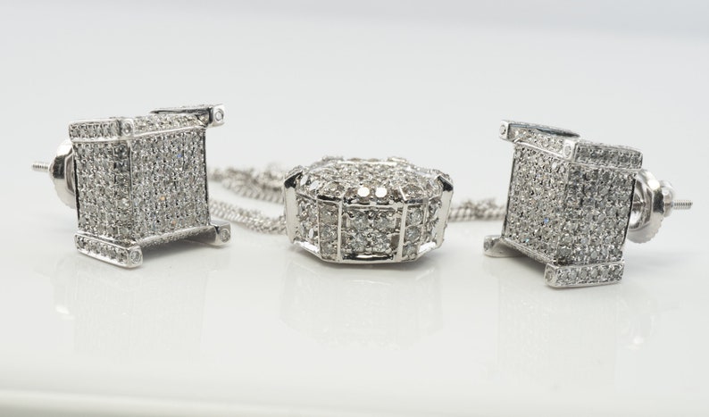 Natural Diamond Necklace Earrings Set, Vintage Geometric Cube 14K White Gold Necklace & Earrings.