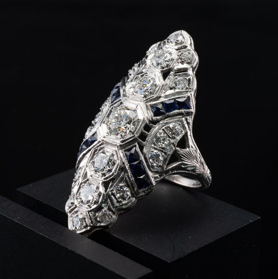 Edwardian Diamond Sapphire Ring, Antique Platinum… - image 2