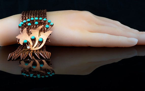 Turquoise Rose Gold Mesh, Cuff Diamond Bracelet - image 6