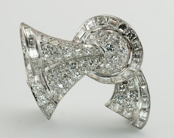 Art Deco Diamond Pendant Brooch, Vintage Platinum Bow 3.50 TDW