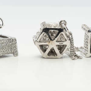 Natural Diamond Necklace Earrings Set, Vintage Geometric Cube 14K White Gold Necklace & Earrings.