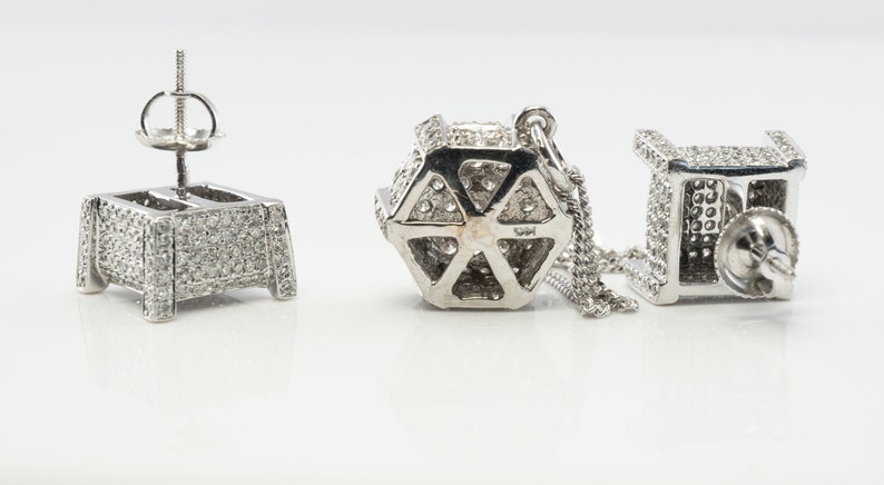 Natural Diamond Necklace Earrings Set, Vintage Geometric Cube 14K White Gold Necklace & Earrings.