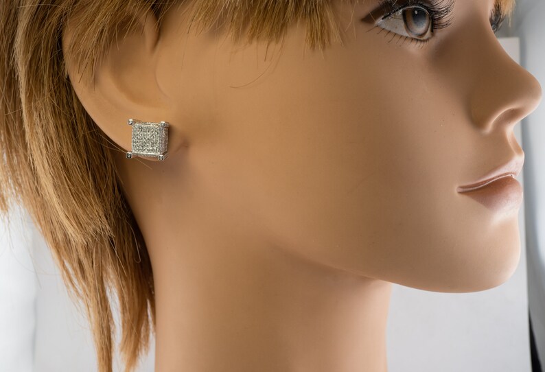 Natural Diamond Necklace Earrings Set, Vintage Geometric Cube 14K White Gold Necklace & Earrings.