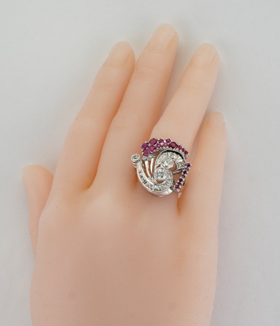 Art Deco Diamond Ruby Ring, Vintage Gold Spiral - image 9