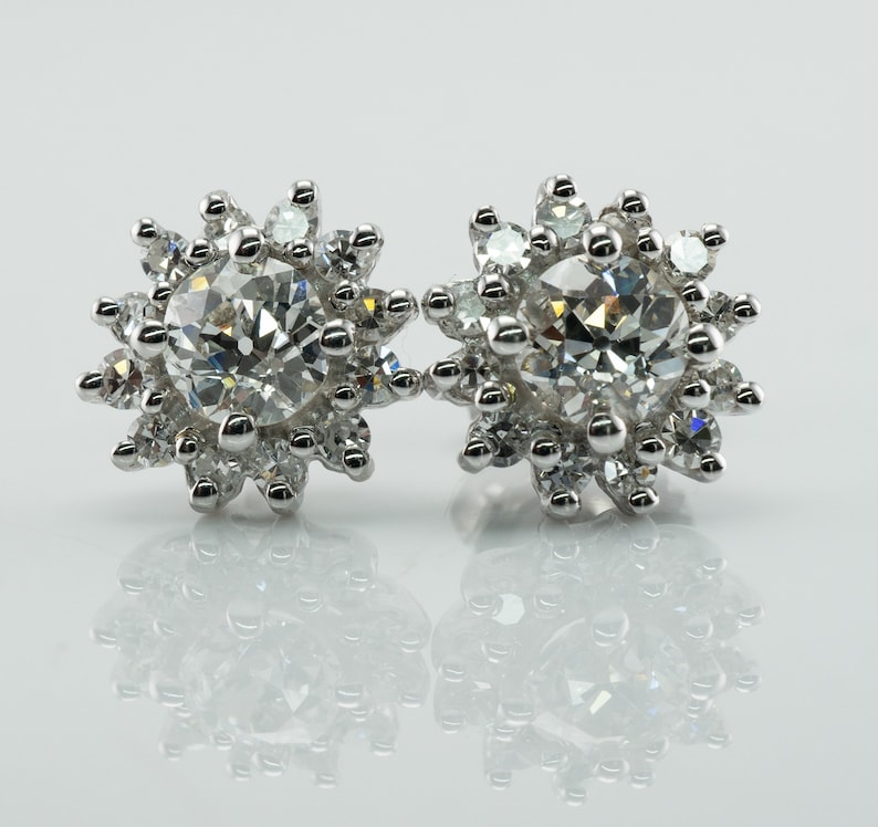 Diamond Earrings, Floral Flower, Vintage 14K Gold 1.72 TDW image 1