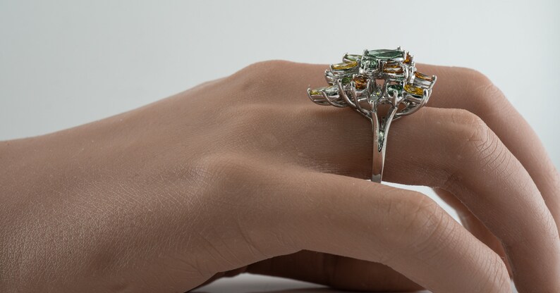 Multicolor Fancy Diamond Cluster Ring, Platinum Cocktail Statement Ring. This gorgeous ring is crafted in Platinum, set with  diamonds of various colors, Green, Orange, Olive & White diamonds.