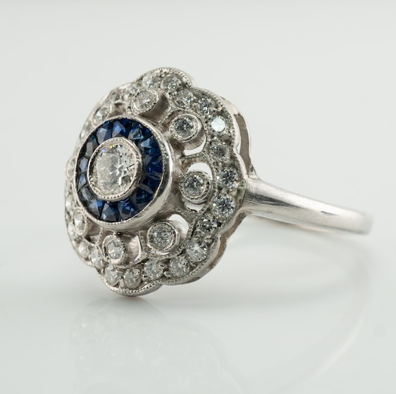 Art Deco Diamond Sapphire Ring, Vintage 14K Gold - image 8
