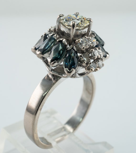 Diamond Sapphire Ring, Vintage 18K White Gold, Co… - image 9